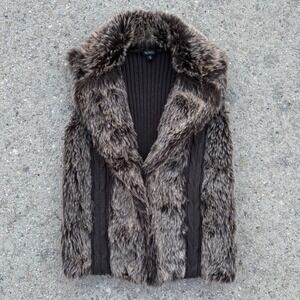 VTG XOXO Faux Fur & Cable Knit Vest - Y2K Brown Sleeveless Jacket - Small